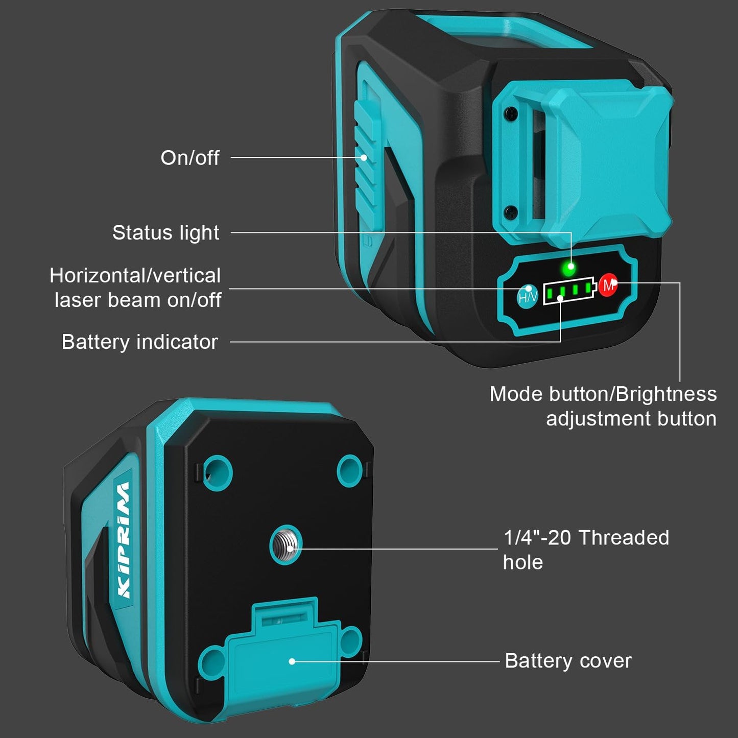 Kiprim Green Laser Level LV8D with Enhanced Visibility,5 Laser Lines,Adjustable Brightness,Manual/Self Leveling/Pulse Mode,Batteries and Carrying Pouch Included