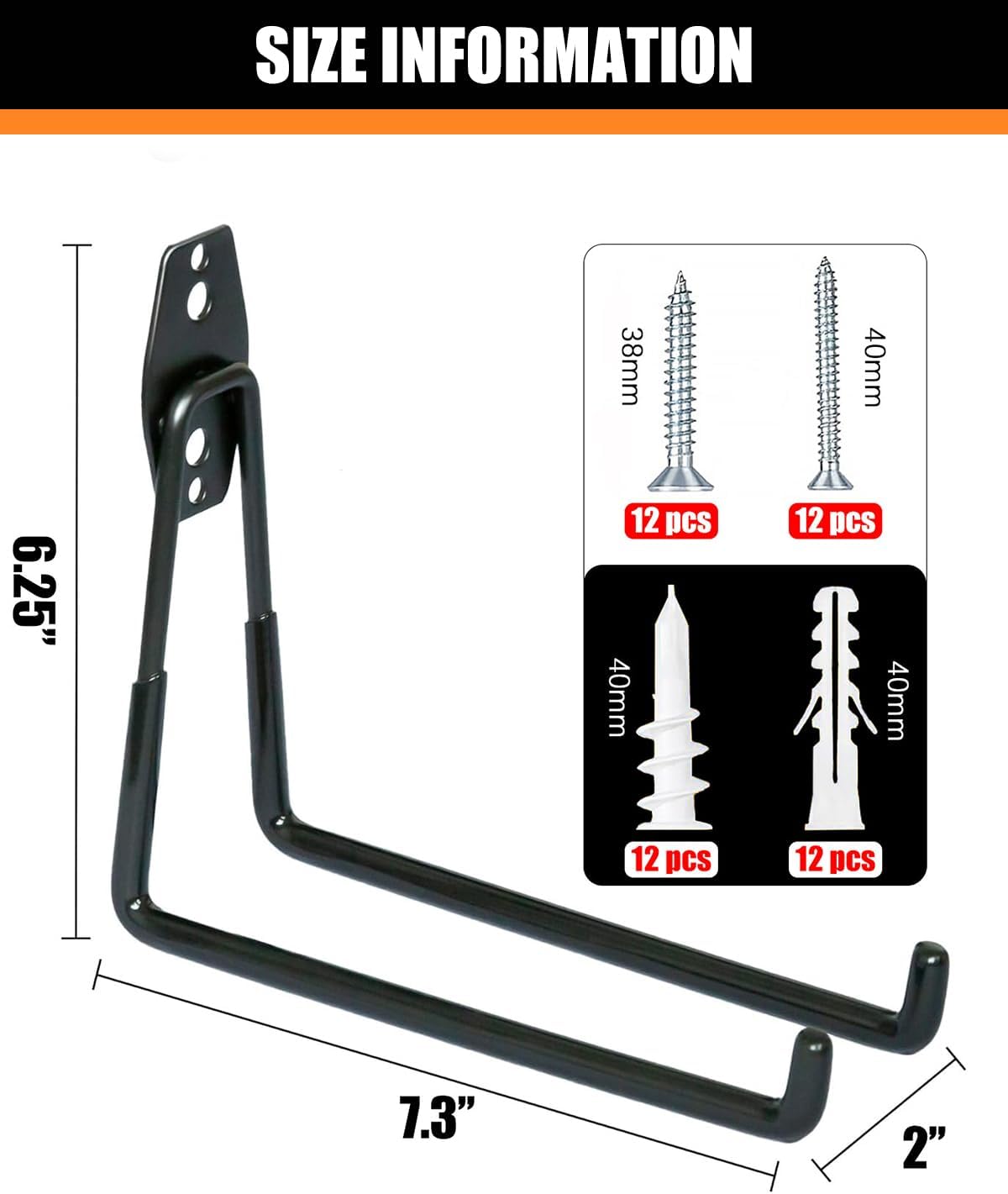 WMK 7.3'' Heavy Duty Garage Hooks, 6 Pack Wall Mount Garage Storage Hooks for Hanging Bike, Ladder, Tools - 100LB Load Capacity, Triple-Welded, PVC Coated (Black)