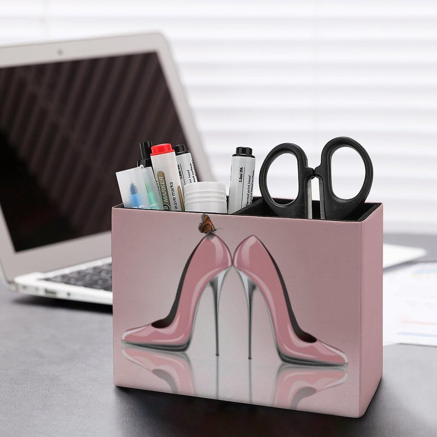 Pen Holder, Pencil Holder for Desk Organizer, Pink High Heel Shoes Butterfly PU Leather Pencil Cups Desktop Stationery Storage Makeup Brush Holder Pen Organizer for Office Home