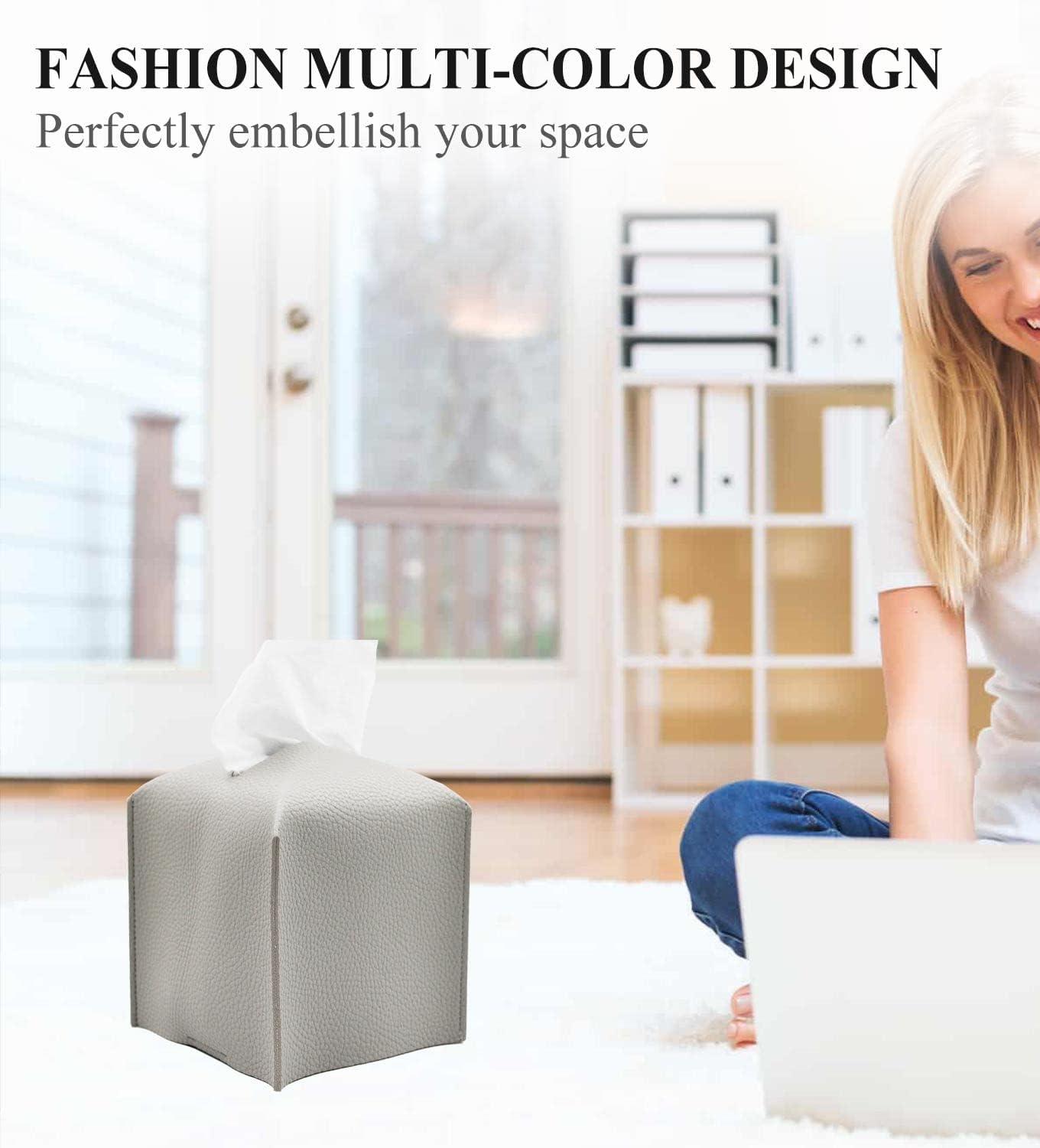 Livelab Tissue Box Cover Holder, Square Modern Decoration PU Leather Facial Tissues Case Roll Paper Dispenser for Bathroom Vanity Countertop, Night Stands, Office Desk Car 5X5X5'' | Pastel Grey