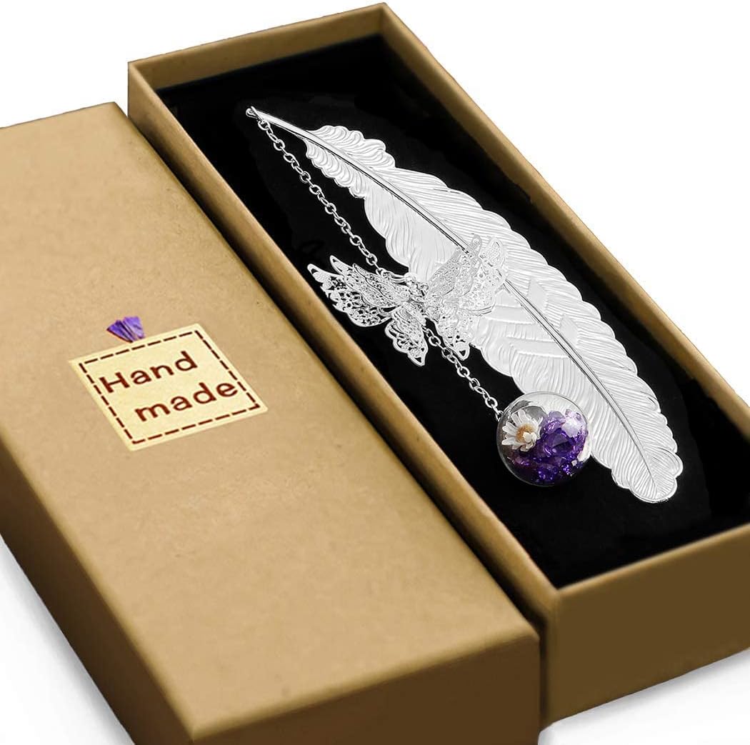 Vintage-Style Metal Feather Bookmark with Butterfly Pendant Mothers Day End of Year Teacher Appreciation Gifts for Women Girls Mom Lady Readers Book Lovers