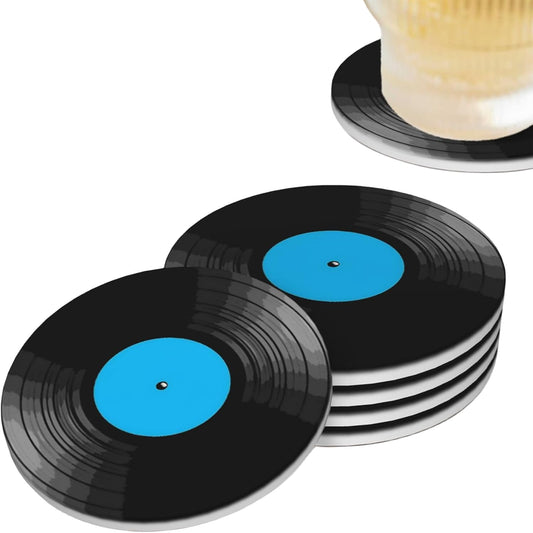 Vinyl Record Coasters for Drinks Set of 4, Absorbent Ceramic Drink Coasters for Coffee Table Wooden Table Cup Bar, 4 Inches