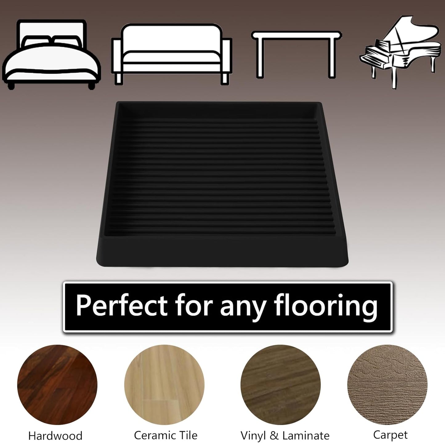 4x4 Square Rubber Furniture Caster Cups, Anti-Sliding Furniture Pads Bed Stopper Floor Protectors with Grip - Protect Any Flooring