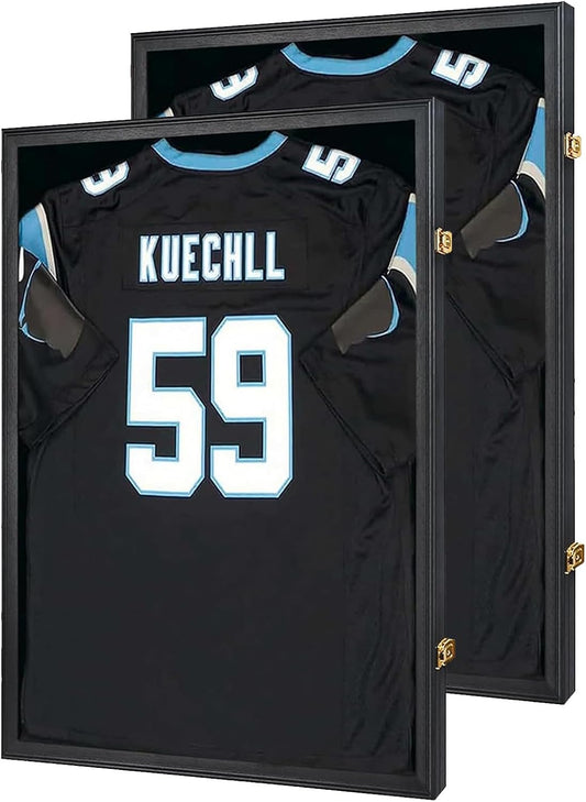 IHEIPYE Jersey Frame Display Case Shadow Box 2 Pack - Lockable with UV Protection Acrylic and Hanger for Baseball, Basketball, Football, Soccer, Hockey 2XL Sport Shirt and Uniform - Black