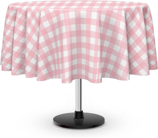 12 Pack Pink and White Checkered Tablecloth, Round Pink Gingham Plastic Table Cloths for Parties Disposable, 84x84 in Waterproof Camping Tablecloth for Birthday Party Baby Shower Picnic School