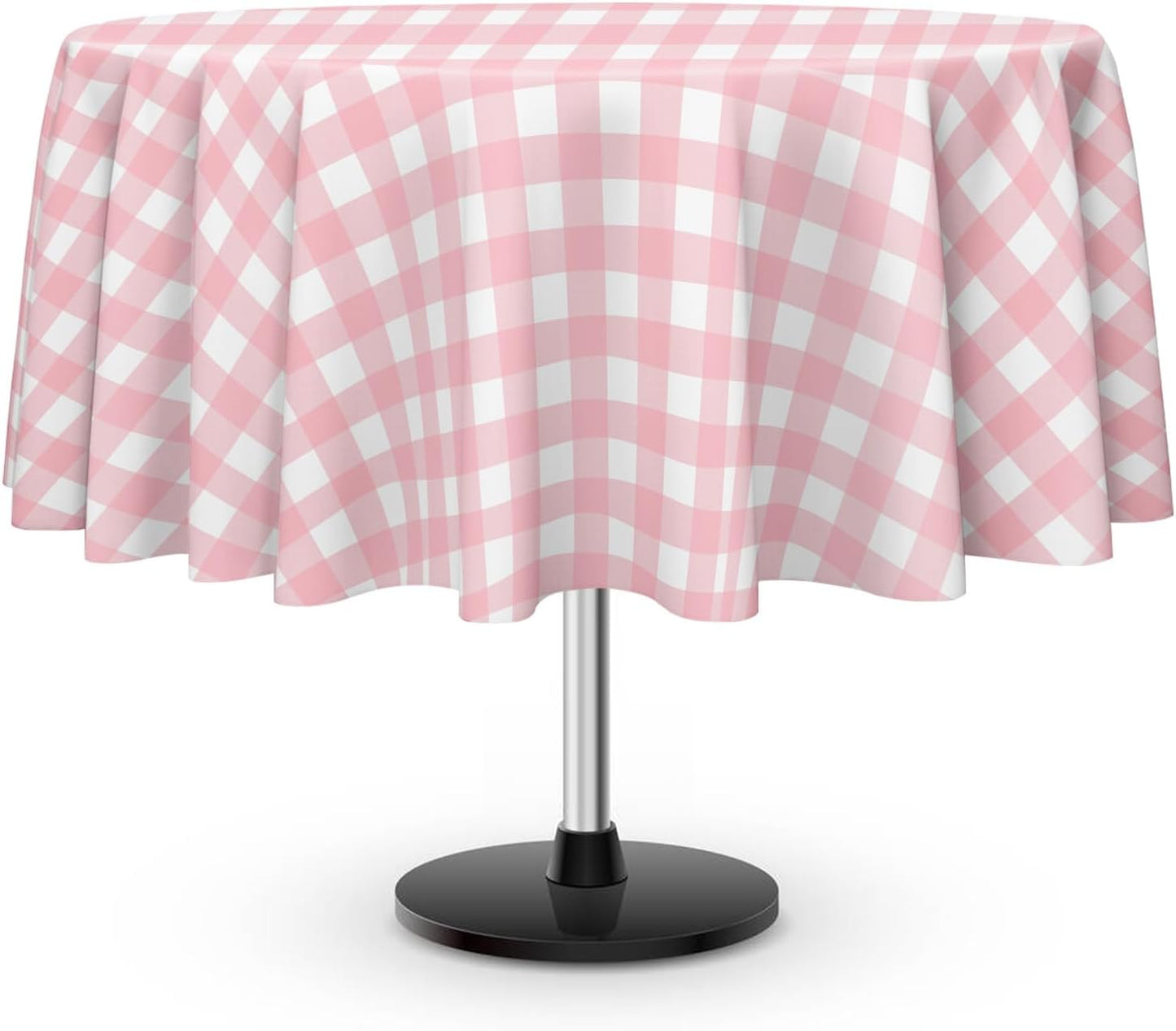 6 Pack Pink and White Checkered Tablecloth, Round Pink Gingham Plastic Table Cloths for Parties Disposable, 84x84 in Waterproof Camping Tablecloth for Birthday Party Baby Shower Picnic School