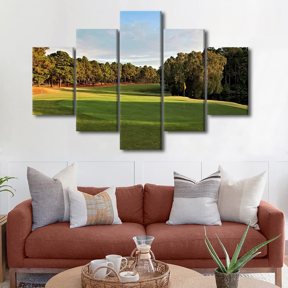 5 Piece Green Golf Course and Nature Landscape Wall Art Canvas Paintings for Living Room Bedroom Wall Decoration Modern Contemporary Pictures Home Decor Set Wooden Framed Ready to Hang - 60"W x 40"H