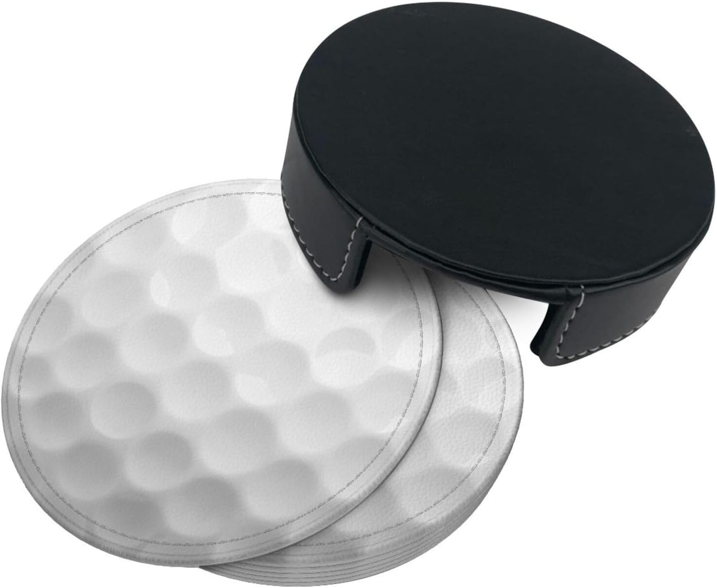White Golf Ball Coasters For Drinks With Holder, Leather Coasters Set Of 6, Round Cups Mugs Mat Pad For Home Kitchen