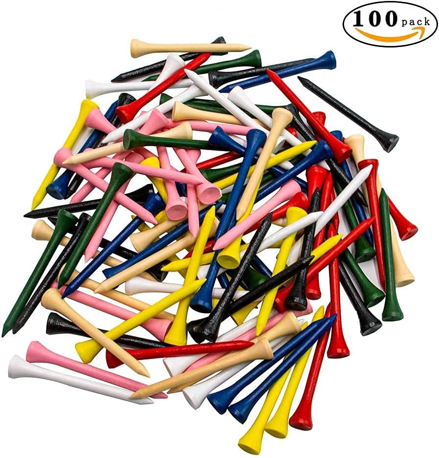 THIODOON Golf Tees Professional Natural Wood Golf Tees Pack of 100, Golfing Tees Multiple Colors Size 3-1/4 inch, 2-3/4 inch or 2-1/8 inch, Tall Golf Tees Bulk Reduce Side Spin and Friction