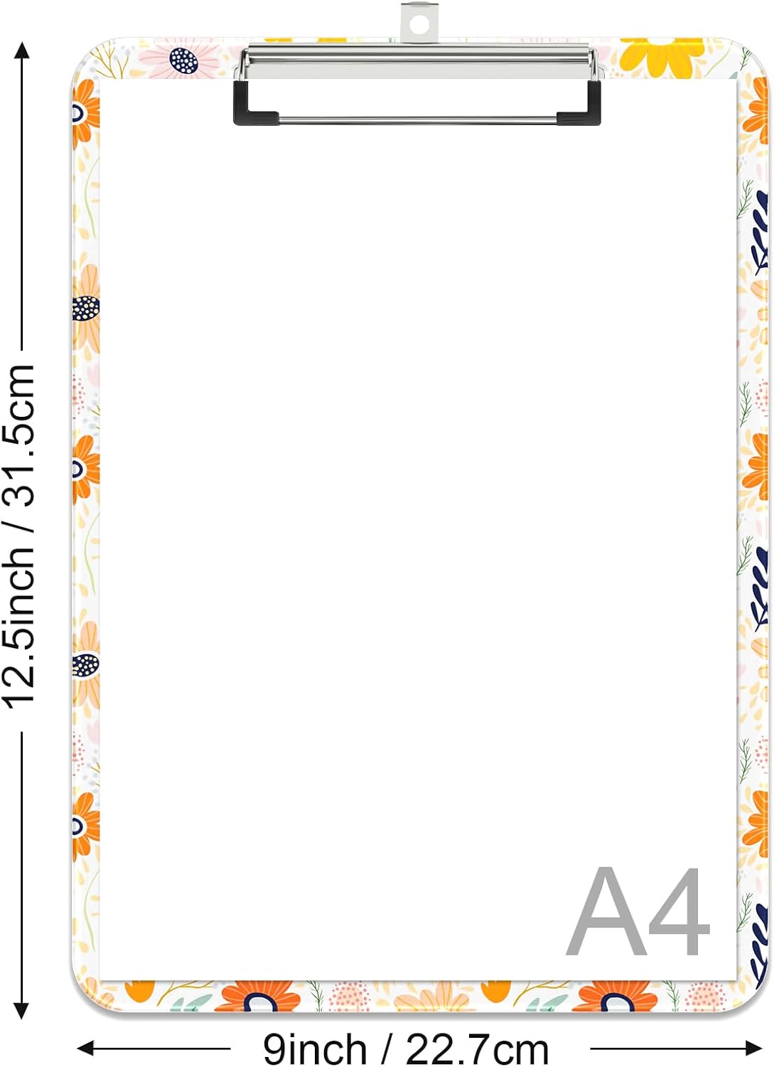 Rimilak Plastic Clipboards with Metal Clip, A4 Letter Size 9 x 12.5 in, Office Decorative for Students Women Men and Kids, Cute Custom Pattern, Orange Flower