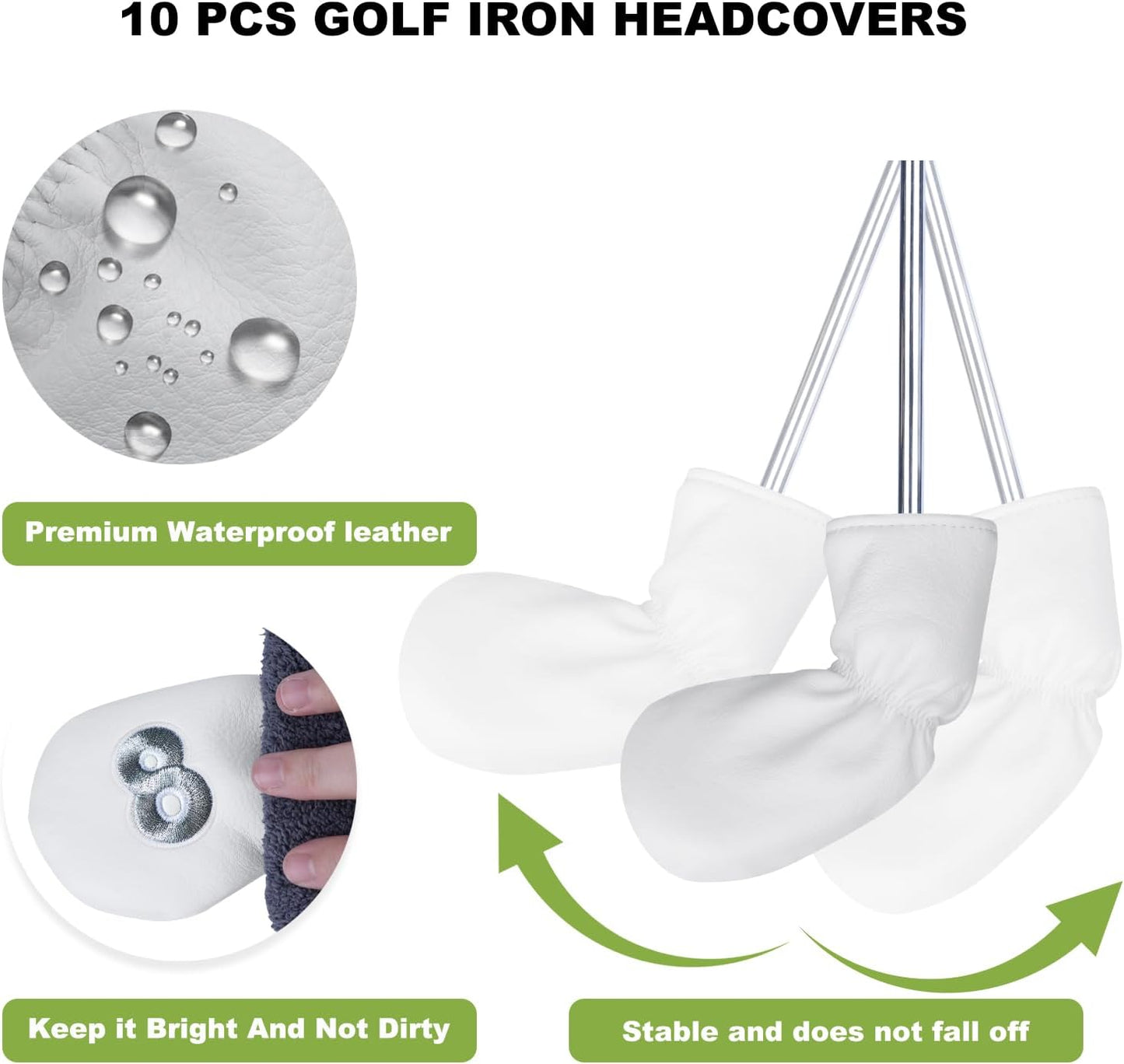 10 Pcs Iron Covers for Golf Clubs, Premium PU Leather Golf Iron Covers with Embroidered Big Numbers, Fits Most Iron Clubs and Hybrid Irons, Easy On and Off