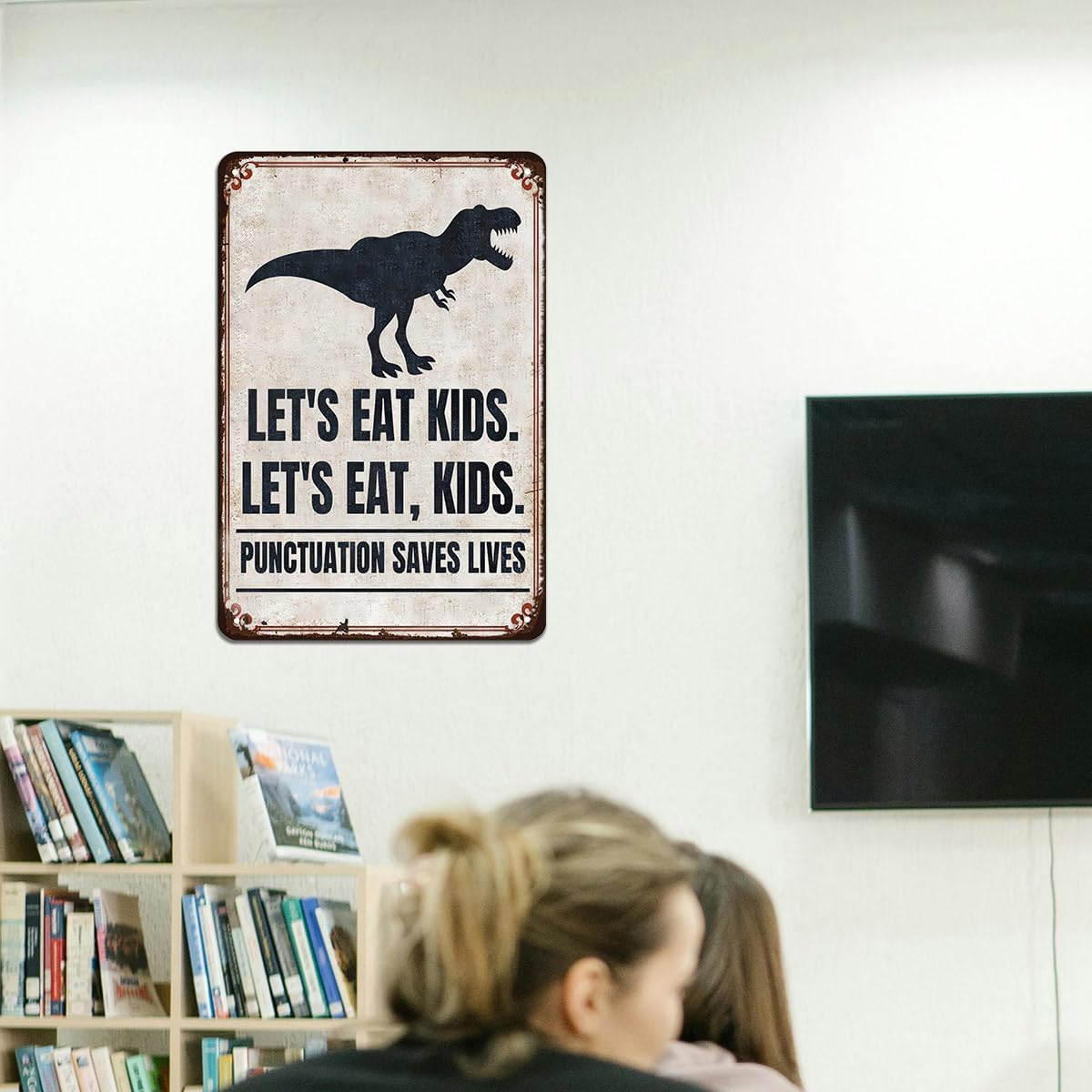 Funny English Classroom Wall Art - Punctuation Saves Lives Metal Sign - Let's Eat, Kids Grammar Decor for High School and Middle School Teachers, English Teacher Gift, 8"x12" Metal Poster