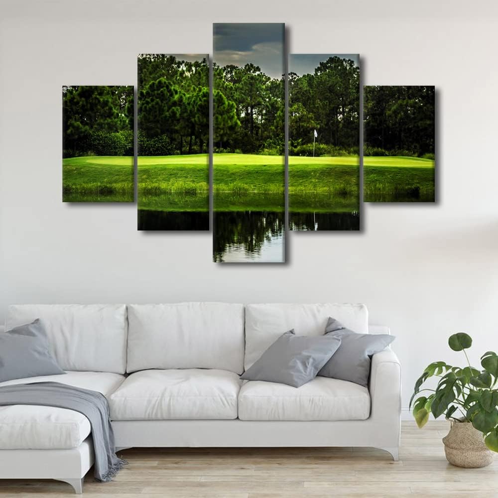 Landscape Pictures Wall Decor Green Golfing Course Wall Art White Golf Ball Artwork for Living Room 5 Piece Canvas Prints Paintings Contemporary House Decorations Framed Ready to Hang - 60"W x 40"H