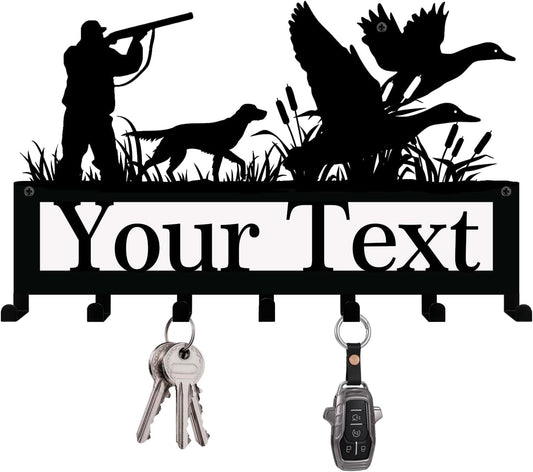 Personalized Family Name Metal Wall Sign with Hooks – Mallard Duck Hunting Key Rack Holder Wall Mount Customized Name for Entryway, Mudroom, Kitchen, or Bathroom Decor