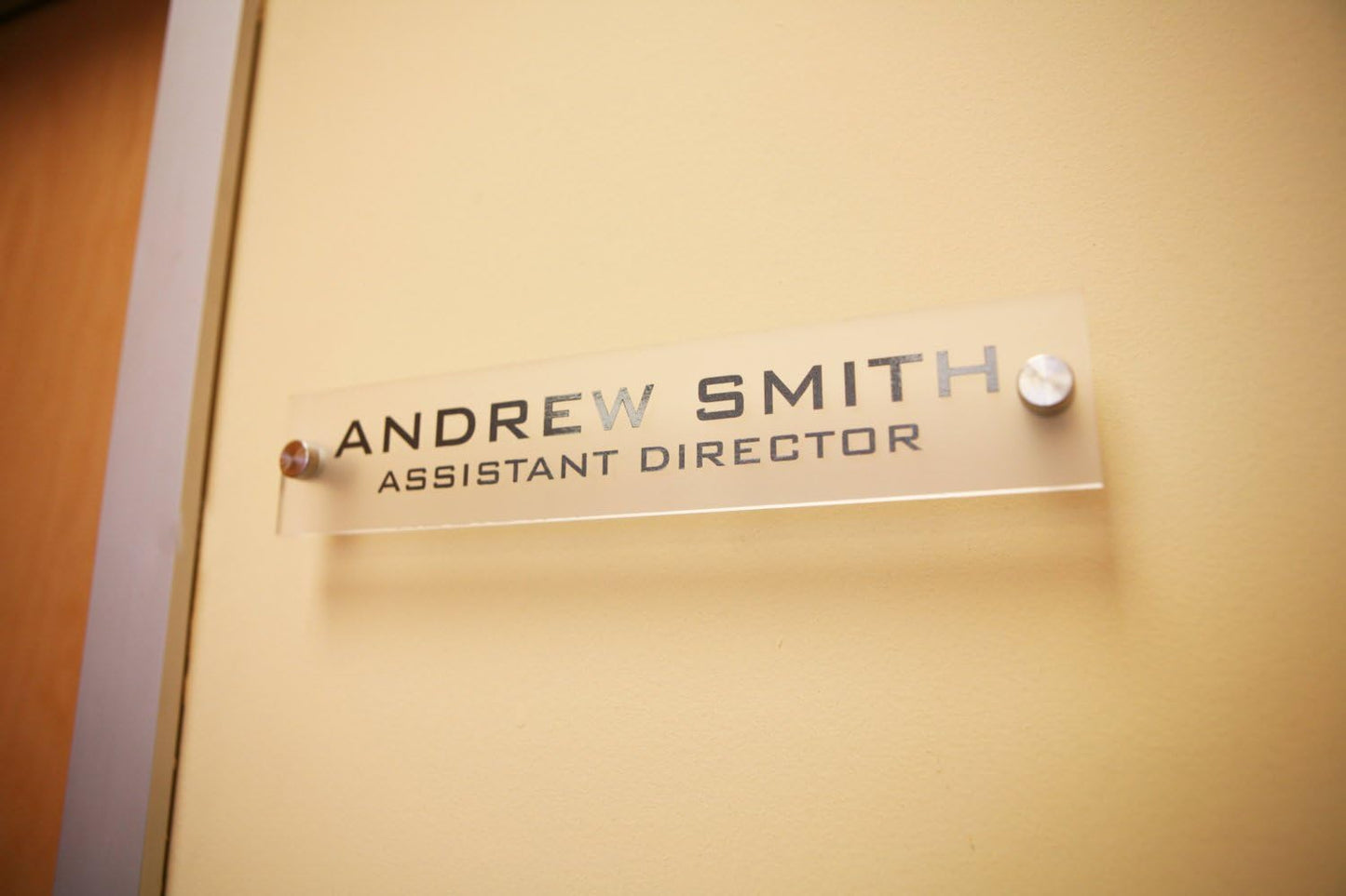 Personalized Office Wall Name Plate Sign. Modern Stainless Steel Legs (Frosted Translucent)