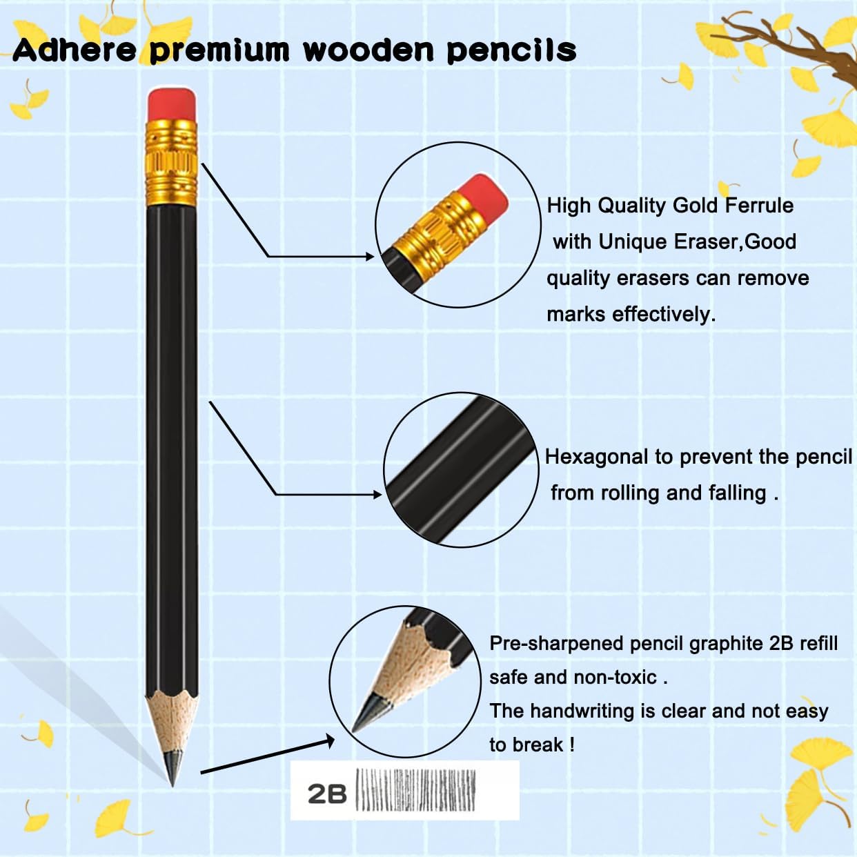 Adhere 50pcs Golf Pencils with Eraser Hexagon Wooden half Pencils Graphite 2B for Golf Event Scoring, Classroom, Wedding, Pew, Pocket | Free Pencil Sharpener (z-Black・Hexagon・50pcs)