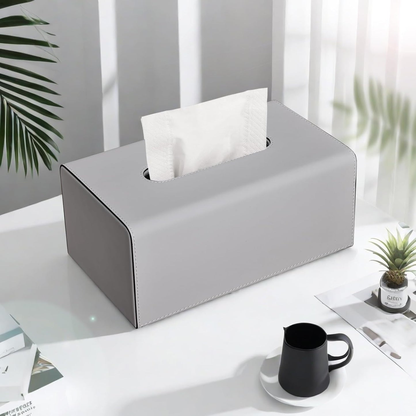 KINGFOM Tissue Box Cover, PU Leather Rectangular Tissue Box Holder with Magnetic Bottom Cover for Facial Tissues/Napkins, Office & Living Room Decor Box (Gray)