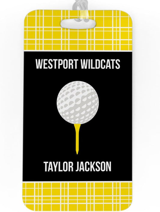 ChalkTalkSPORTS Golf Luggage & Bag Tag | Personalized Team with Golf Ball | Standard Lines on Back | Large | Yellow/Black