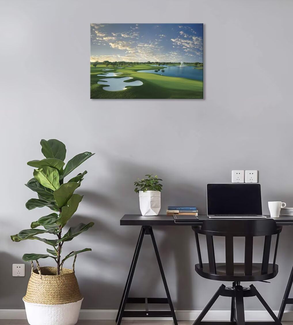 Blue Monster Golf Course Canvas Wall Art for Living Room Bedroom Bathroom Home Decorations Paintings Golf Course Picture Poster Framed Artwork Ready to Hang(28''H x 44''W)