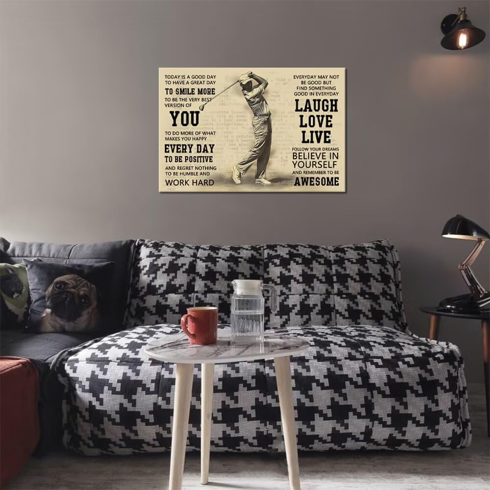 Vintage Golf Poster Inspirational Quotes Wall Decor Today is a Good Day Motivational Pictures Canvas Print Golf Artwork Painting for Boys Room Home Decorations Framed Ready to Hang (12 x 16 inch)