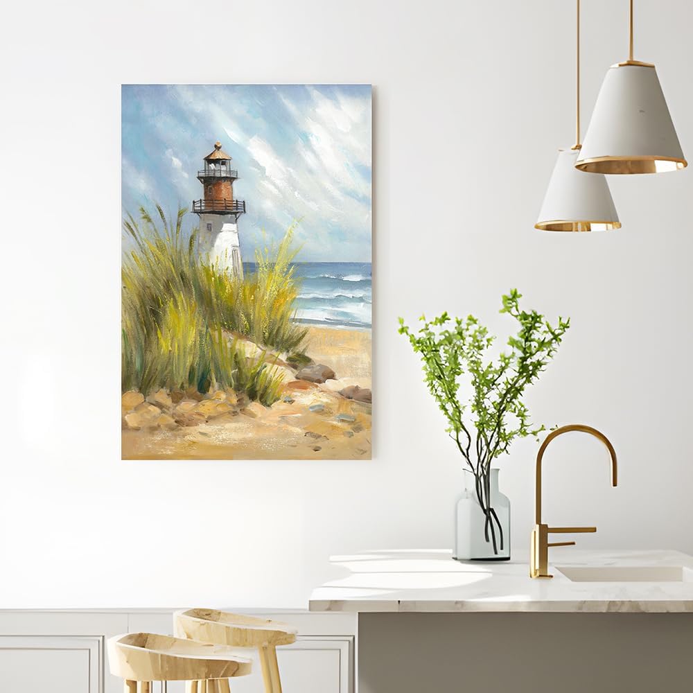 coastal wall art lighthouse pictures: beach wall decor coastal artwork nautical ocean print in beach canvas painting for living room 45" x 30"