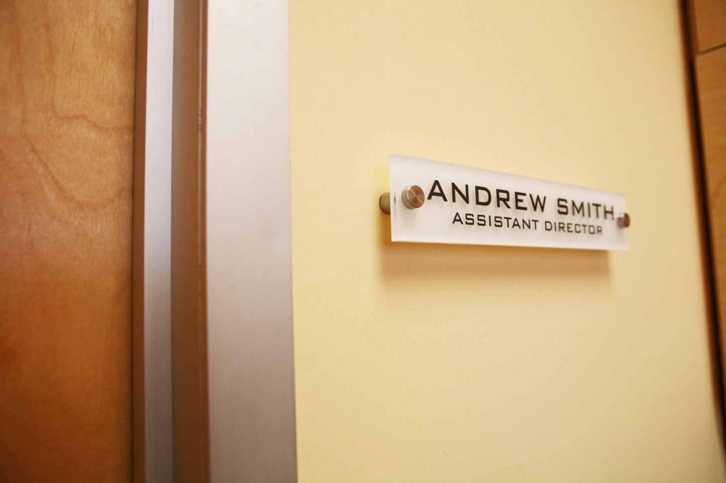 Personalized Office Wall Name Plate Sign. Modern Stainless Steel Legs (Frosted White)