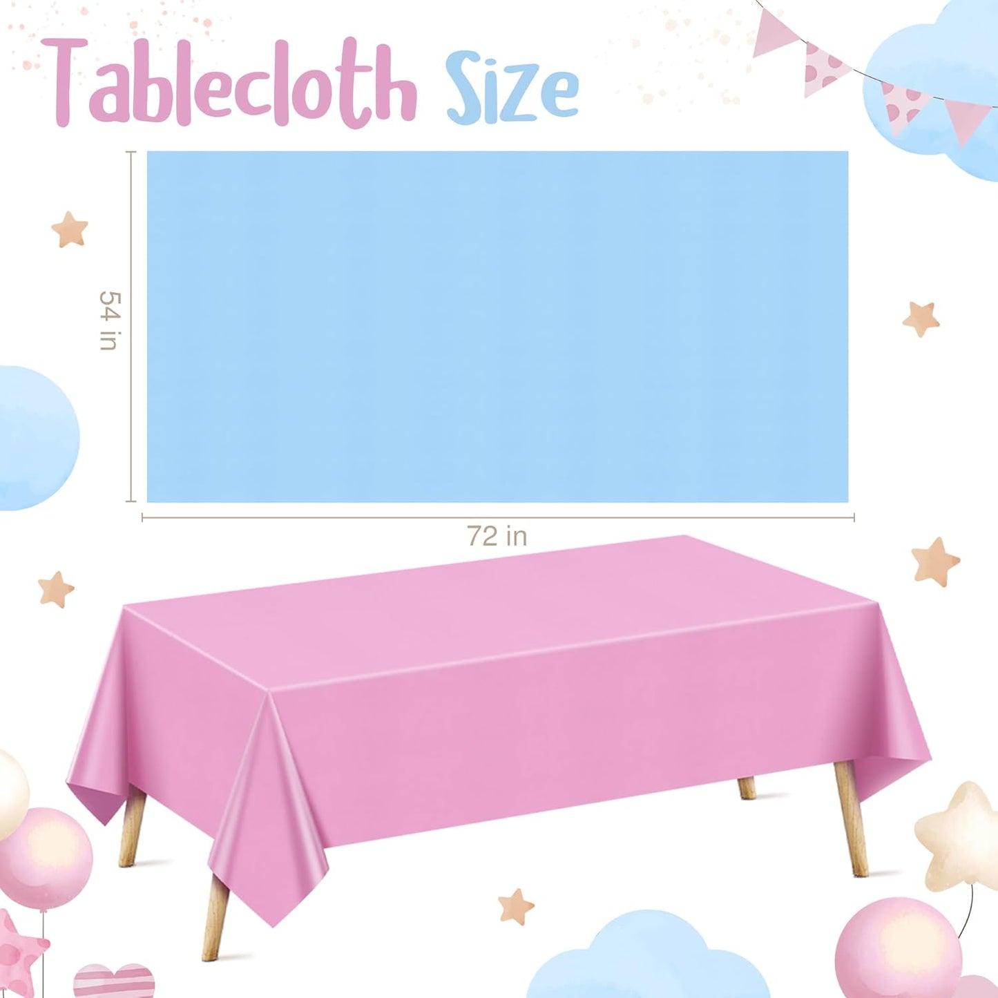 4 Pieces Light Pink & Blue Series Rectangle Tablecloth, 54x72" Solid Color Waterproof & Spillproof Disposable Plastic Table Cover, Durable Party Tablecloth for Dining, Buffet, Picnic, Outdoor Events