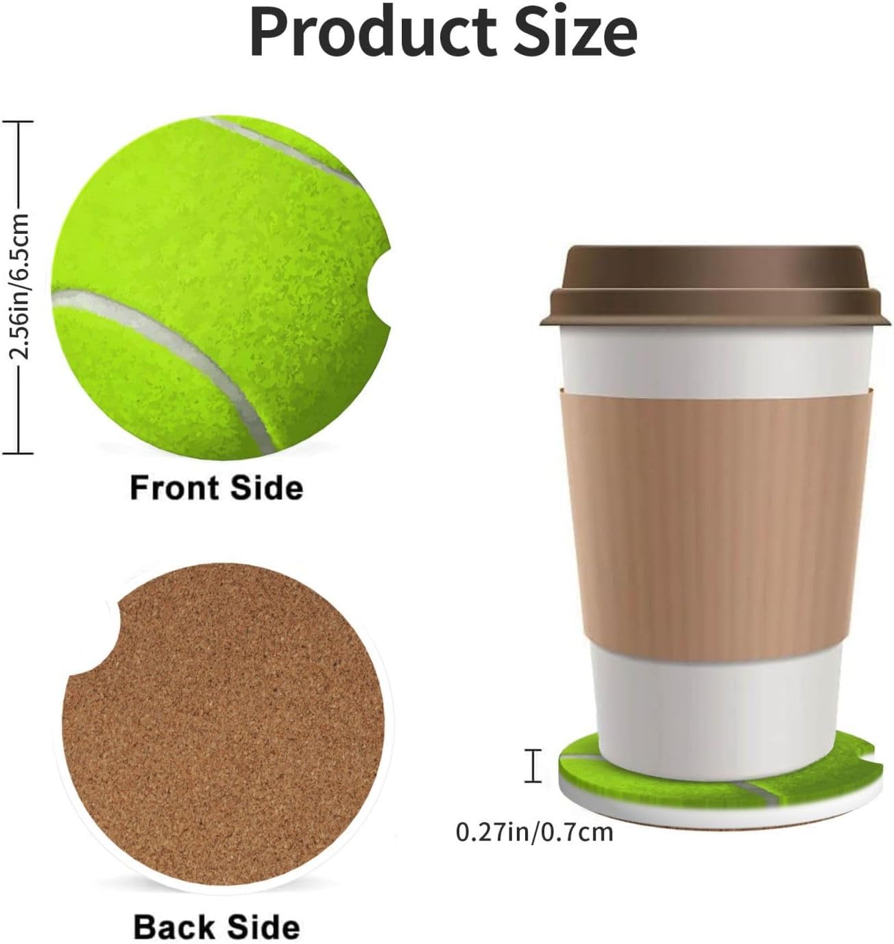 Car Cup Holder Coasters, Tennis Ball Car Coasters for Cup Holder Drinks, 2 Pack Ceramic Cute Auto Interior Accessories for Women Men