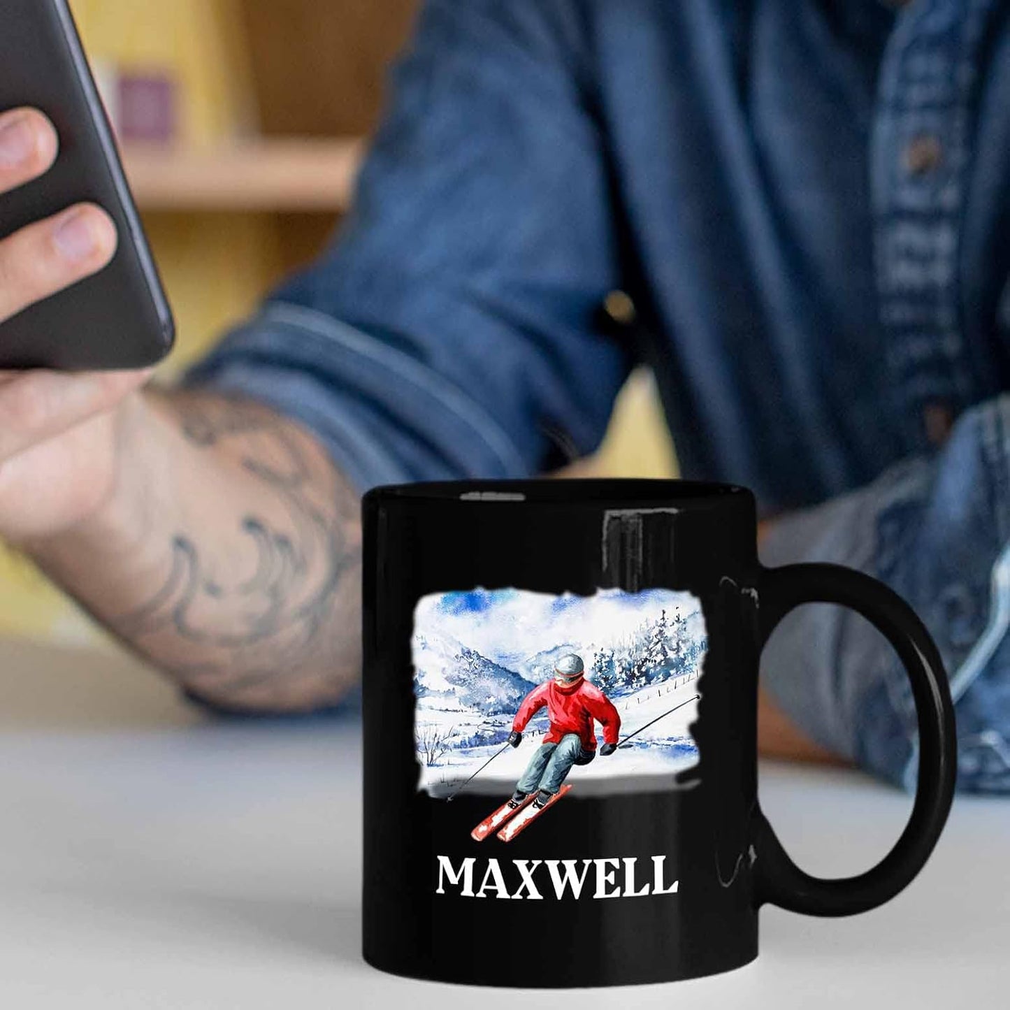 Personalized Name Skiing Black Ceramic Mug Gifts For Men Women Team Coach Skiing Lover, Skiing Ski Coffee Mugs Cups 11 Oz 15 Oz, Customized Skier Ski Lovers Travel Mug, Skier Skiing Winter Coffee Cup