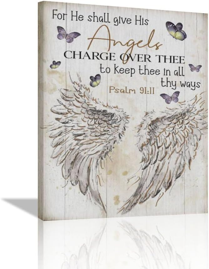 Scripture Psalm 91 Wall Art Christian Angel Wings Pictures Wall Decor Bible Verse Canvas Painting Print Artwork Abstract Modern Home Decorations Framed Ready to Hang for Office Living Room 20"x24"