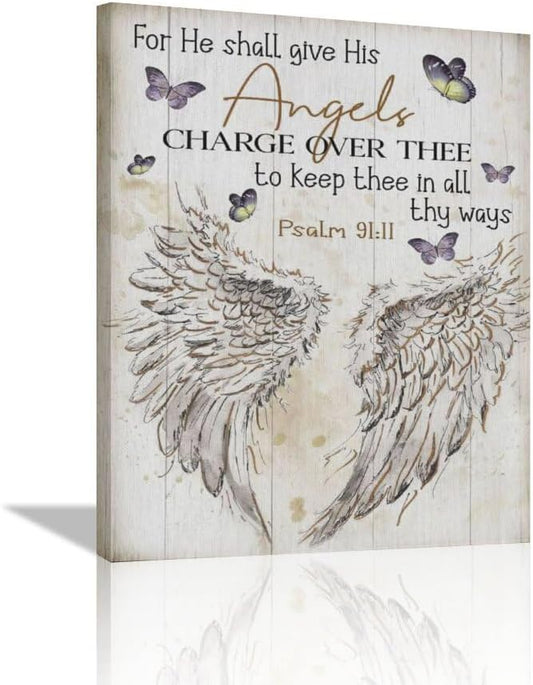 Scripture Psalm 91 Wall Art Christian Angel Wings Pictures Wall Decor Bible Verse Canvas Painting Print Artwork Abstract Modern Home Decorations Framed Ready to Hang for Office Living Room 20"x24"