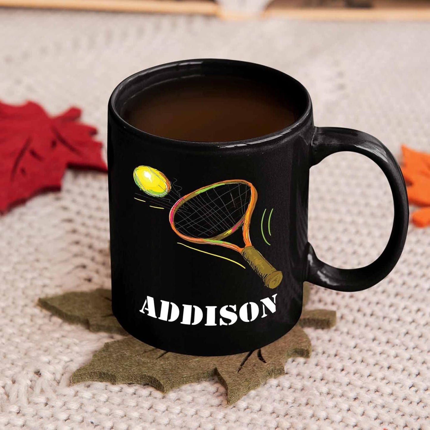 Personalized Tennis Coffee Mugs Cups With Name, Customized Tennis Sport Player Coffee Cup Gifts For Team Coach Tennis Lover, Tennis Ball Black Ceramic Mug 11 Oz 15 Oz, Tennis Players Travel Mug Gift