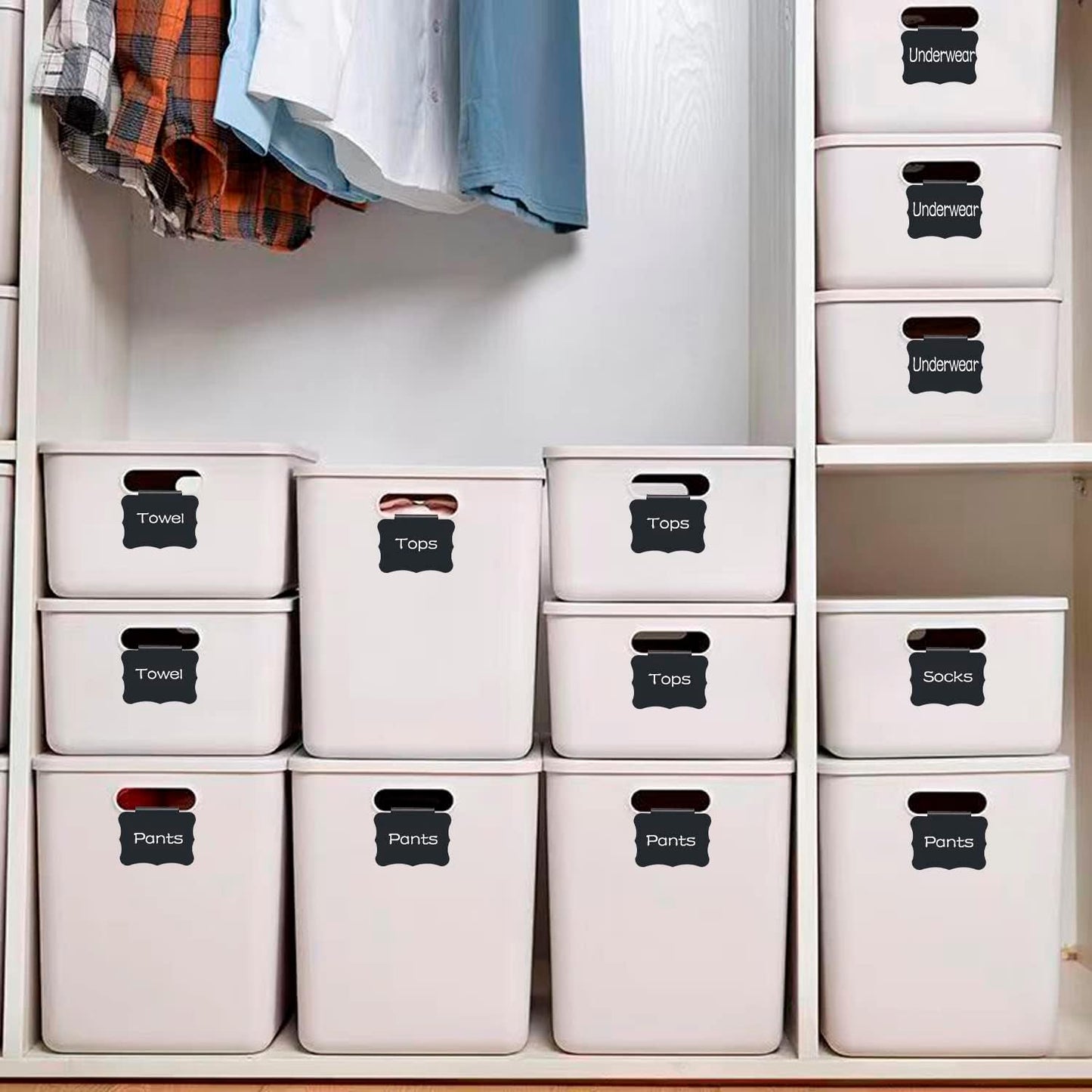 Reusable Storage Bin Labels - Clip On Closet & Basket Holder with 2 White Chalk Labels