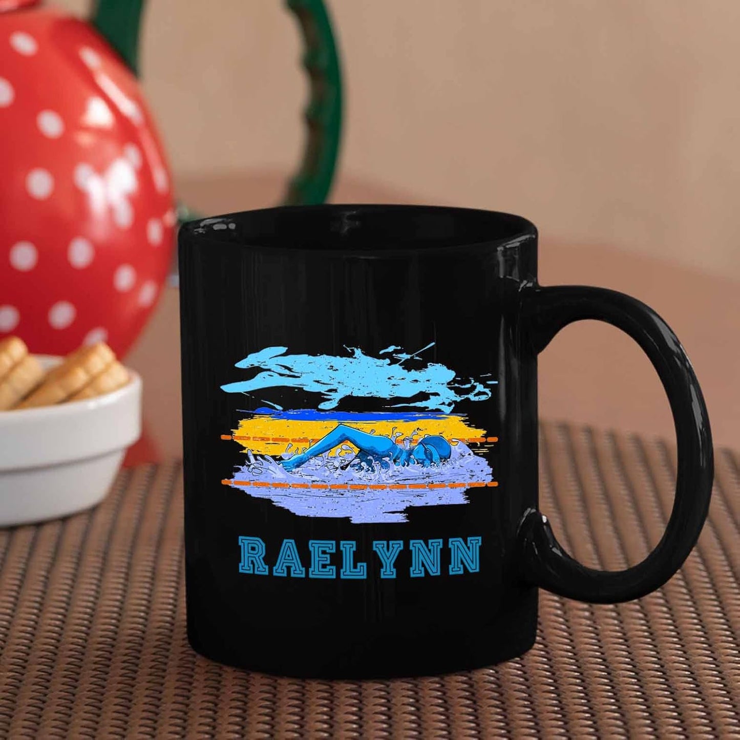 Personalized Black Ceramic Swimming Mug - Customized Travel Coffee Cup With Choose Name, 11 Oz or 15 Oz - Novelty Sports Gifts for Swimmers and Swimming Lovers
