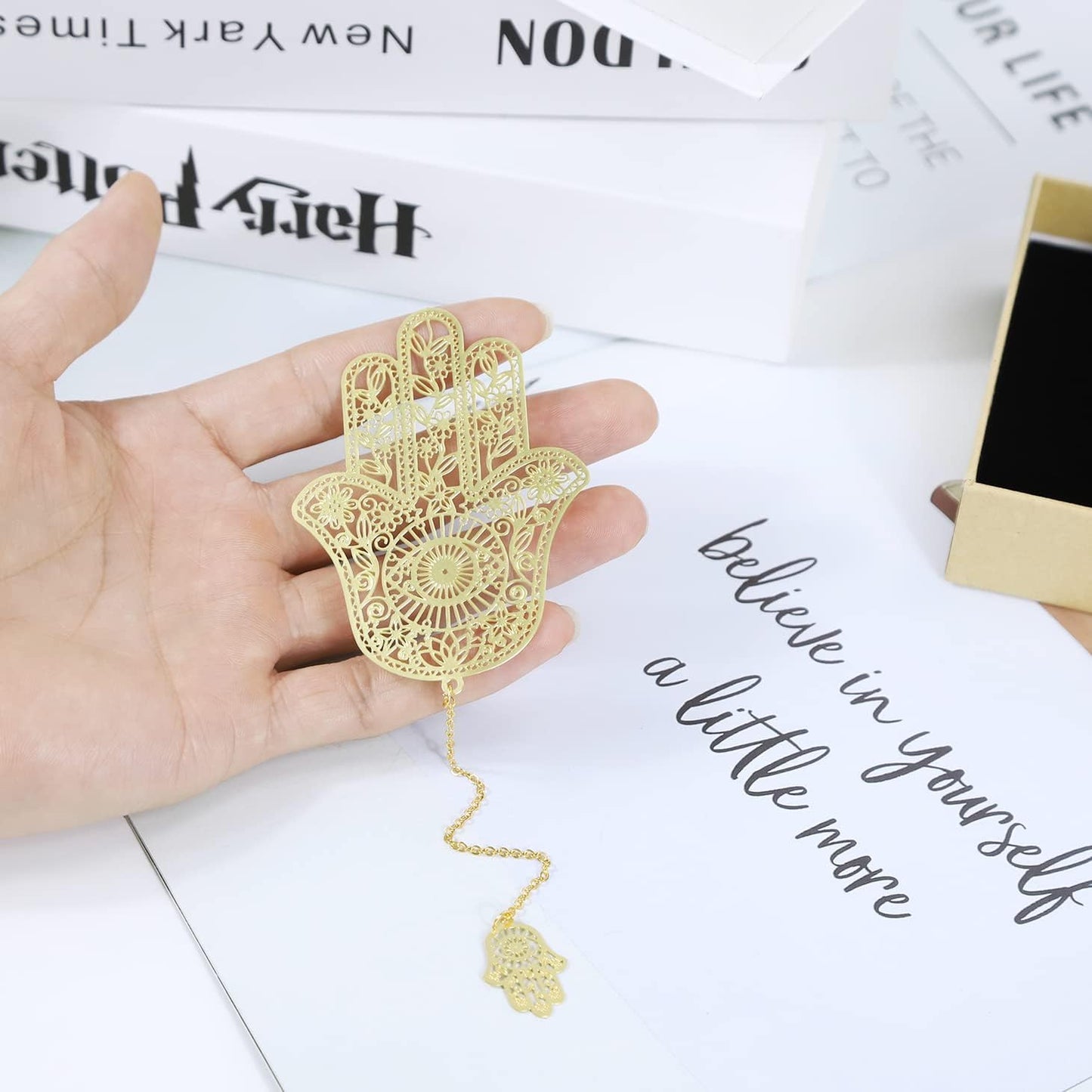 Metal Bookmarks with Chain, Golden Hollow Bookmark, Book Marks for Reading Women, Unique Evil Eye Book Mark, Hamsa Evil Eye Gifts for Book Lovers Writers Readers Children Teens Men Women Adults