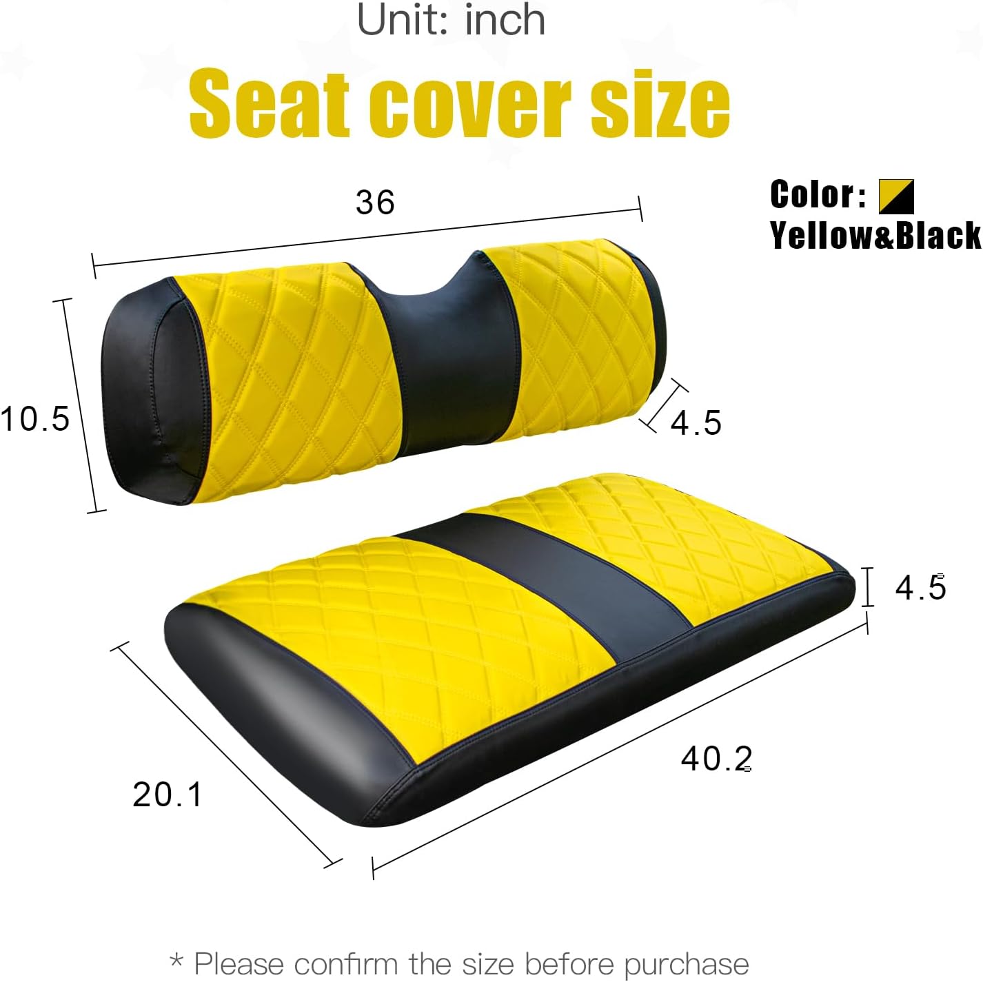 NOKINS Golf Cart Diamond Seat Covers Kit, Fit for EZGO TXT 1994-2013/EZGO RXV OEM Standard Front Seat Cushion, Golf Cart Vinyl Seat Cover, No Nails Required (Yellow and Black)