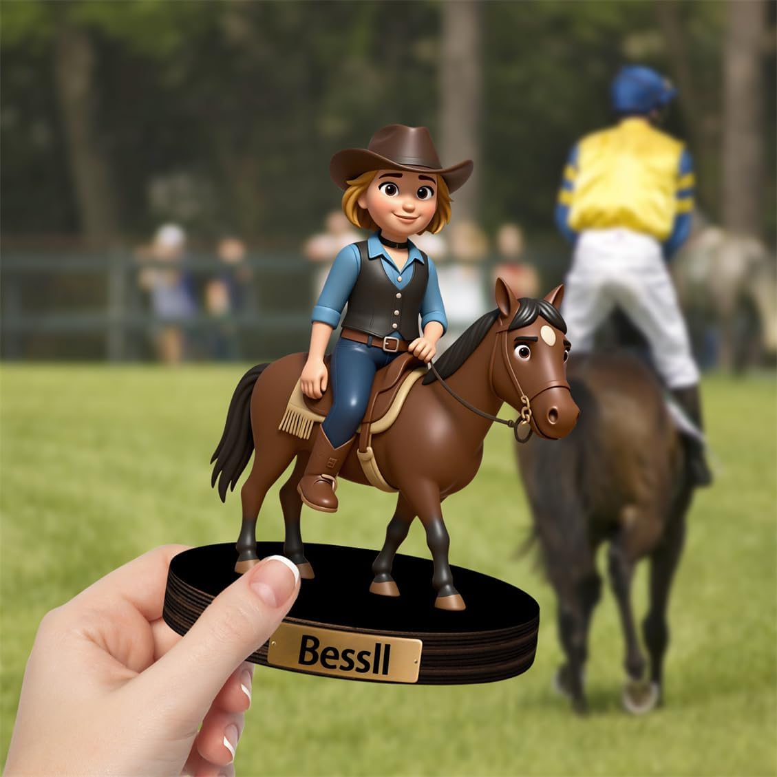 Personalized Horse Rider Cartoon Acrylic Desktop Sign with Name Custom Horse Racing Portrait Figurine Decor Race Horses Sculpture Desk Ornament for Men Women Family Couple Christmas Birthday