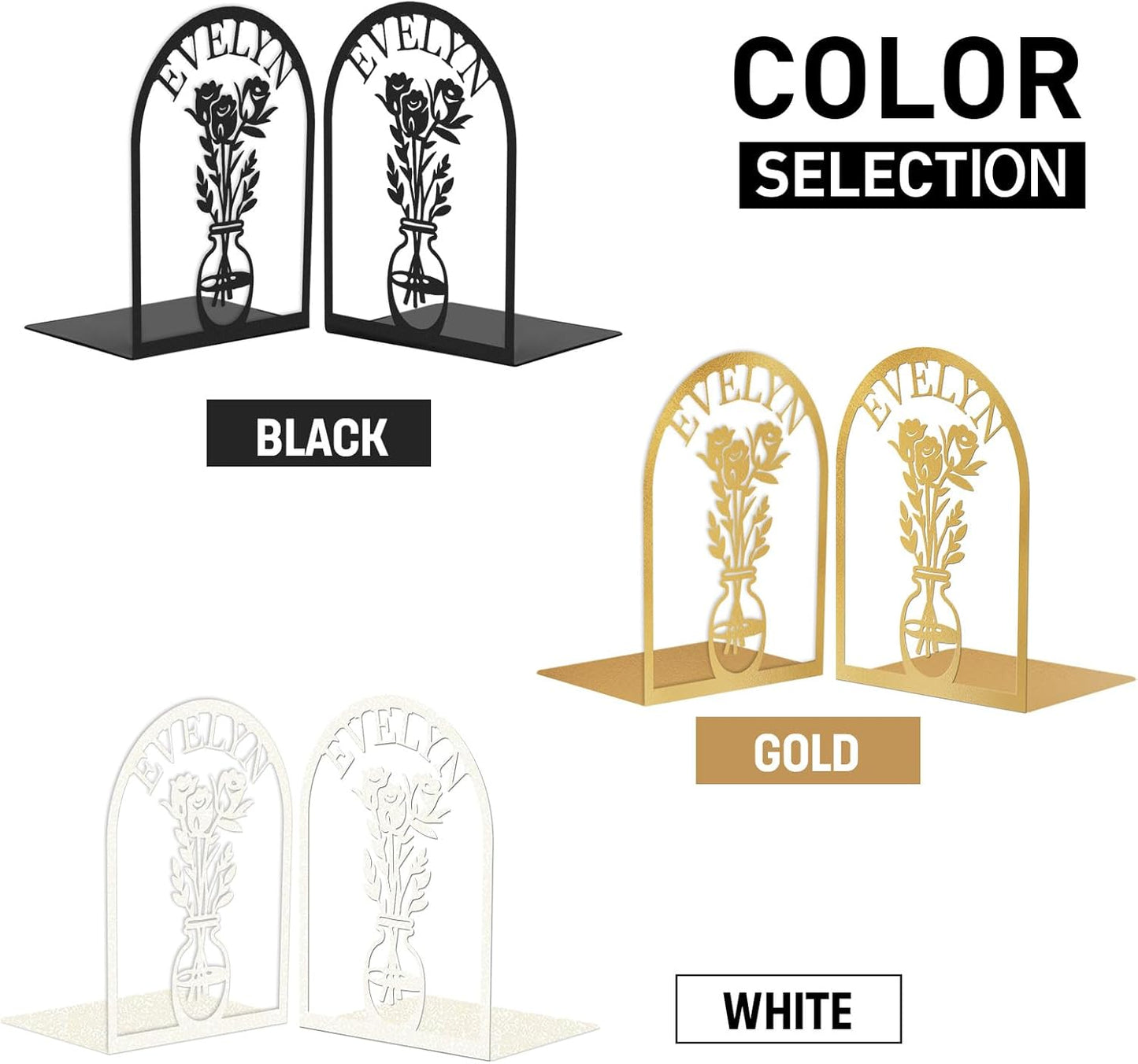 Custom Name Metal Book Ends 2 Pcs, Unique Bookends for Shelves Room Decorative, Heavy Duty Metal Bookends, Non-Slip Book Stopper, Book Shelf Holder for Home Office School, Book Lovers Gifts