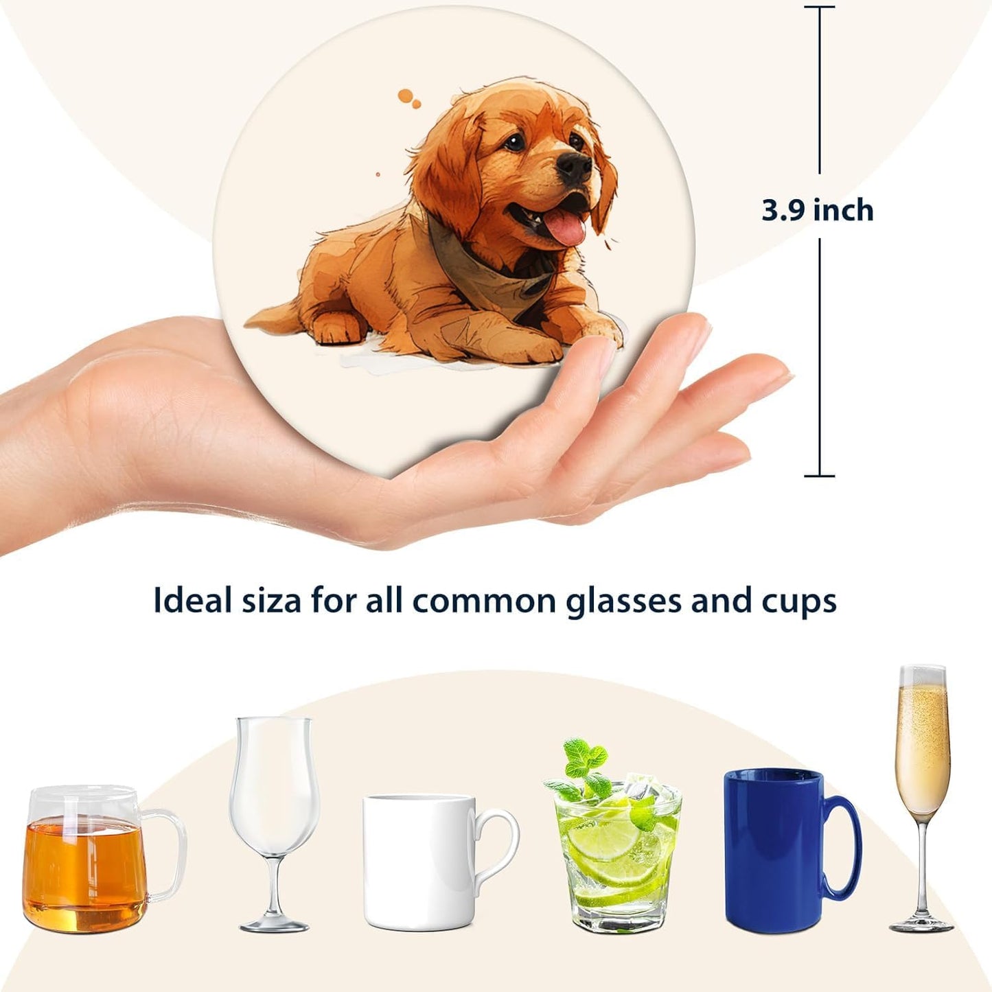 Boho Set of 6 Coasters for Drinks Absorbing Round Ceramic Stone Coaster with Cork Base,Tabletop Protection Mat for Mugs and Cups,Office,Kitchen (Golden Retriever Puppy)