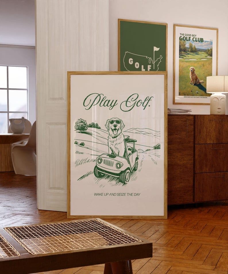 Golf Wall Art Print, Play Golf Poster with Golden Retriever in Cart, Retro Sketch Artwork, Trendy Sports Decor, Inspirational Golf Quote Print, for Dog Lovers (Unframed) (24x36)