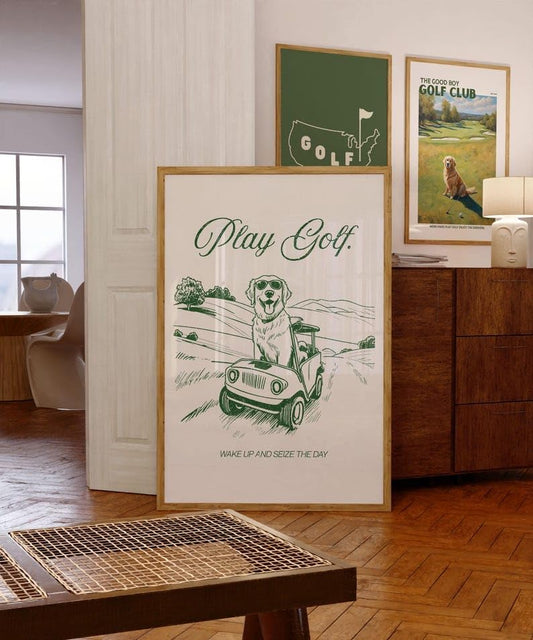 Golf Wall Art Print, Play Golf Poster with Golden Retriever in Cart, Retro Sketch Artwork, Trendy Sports Decor, Inspirational Golf Quote Print, for Dog Lovers (Unframed) (20x30)