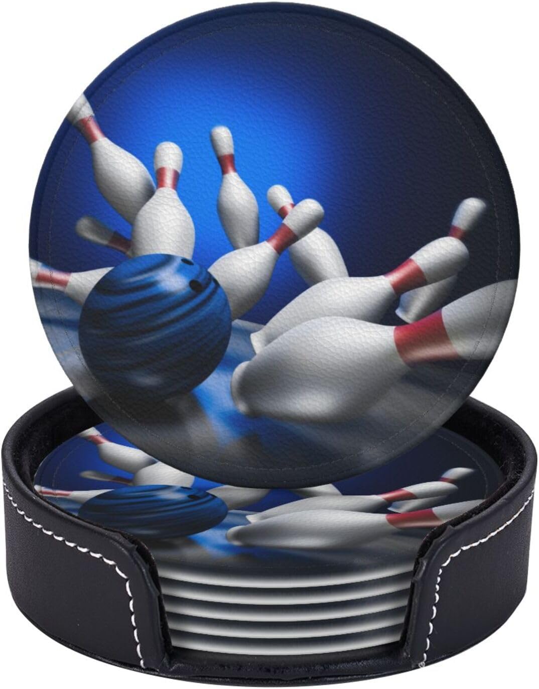Fun Bowling Ball Sport Coasters for Drinks Round Leather Coaster with Holder Set of 6 for Tabletop Protection Desk Accessories Office Home Room Decor
