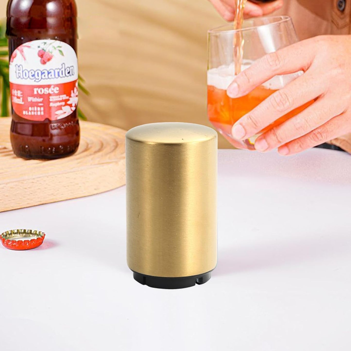 Push Down Bottle Opener,Automatic Beer Openers,Premium Bottle Opener Stainless Steel Bottle Cap Mover Magnetic Corkscrew, Beer Bar Accessories Gifts for Him BF,Can Openersfor Home Picnic (gold)
