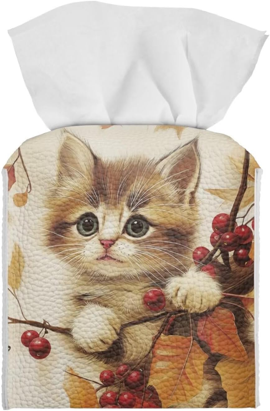 Cute Cat Tissue Box Cover Cube Leather Tissue Box Holder Thanksgiving Facial Paper Organizer 5x5x5 inch Mordern Home Decor Accessories Fall Leaf Print