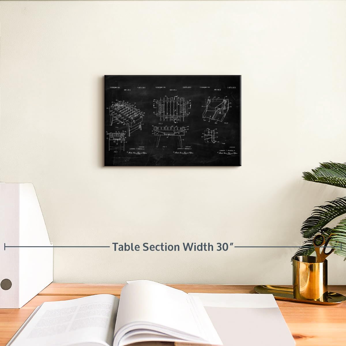 ElephantStock Soccer Table BW Patent Wall Art - Horizontal Wrapped Canvas - 1-Piece Living Room Wall Decor - Soccer Digital Art Canvas Print - Black and White Decor - 12" X 8"