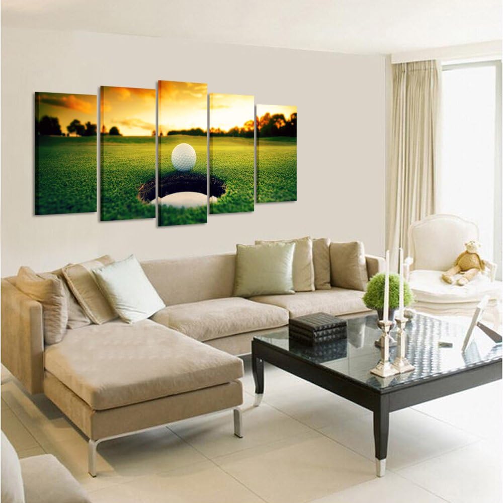 KREATIVE ARTS - Golf Course Scenery Canvas Wall Art Contemporary Sunset Canvas Prints Framed Poster Prints for Home Decor 5 Panels Wall Decorations for Living Room Office (Large Size 60x32inch)