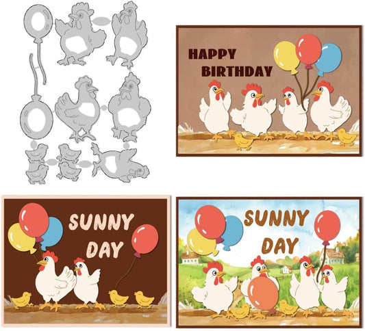Chicken Cutting Dies Chicken Chasing Balloon Scene Card Making Die Cuts Carbon Steel Stencils Scrapbooking Embossing Template Dies for DIY Craft Album Easter Festival Gift Decor