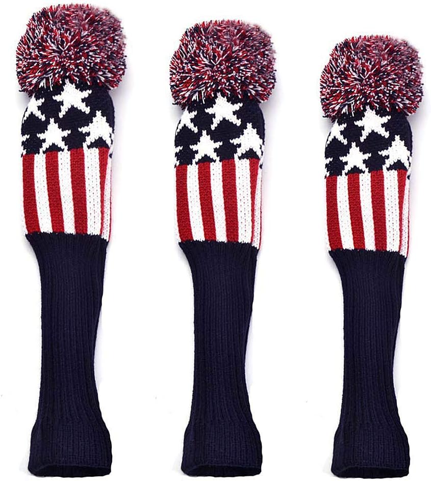 GOOACTION 3PCS Knitted Golf Head Covers 1-3-5 for Driver and Fairway Woods with Long Neck Design Vintage Red Stars and Stripes American Flag Sock Pom Pom Golf Club Patriotic Headcovers Set