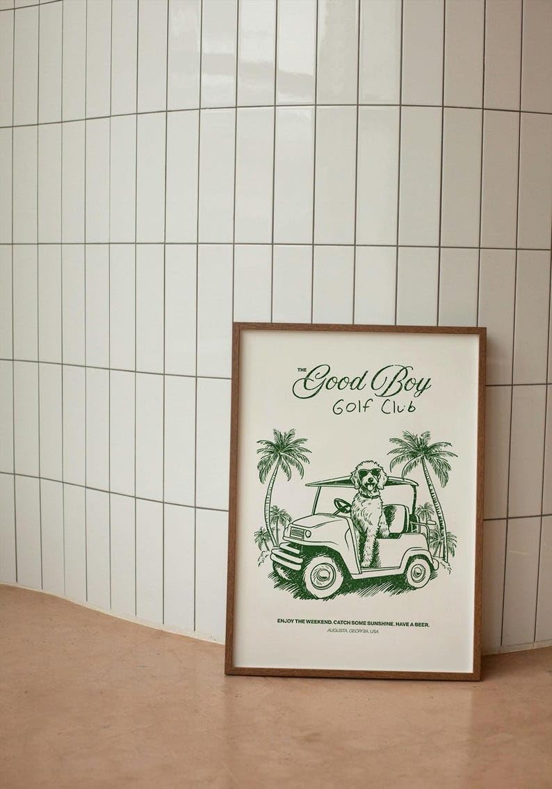 Nationcog Good Boy Golf Club Poster, Golden Doodle Dog Driving Golf Cart Print, Funny Retro Golf Wall Art, Perfect Golf Gift for Men, Dad, or Sports Enthusiasts (Unframed) (16x24)