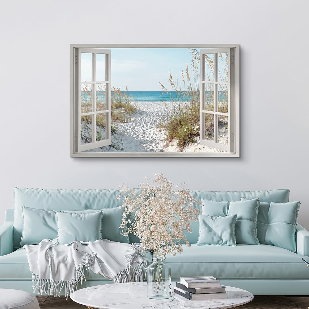 beach wall art window picture: coastal canvas artwork seascape scene prints looking out fake window wall decor for bedroom 45"x30"
